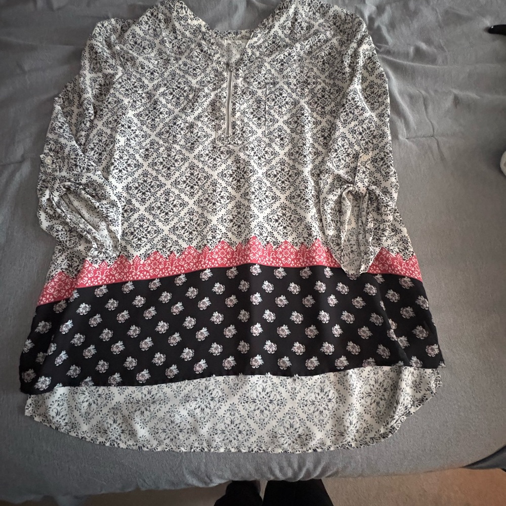 Maurices Black and White Blouse with Pink Trim